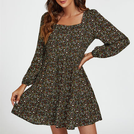 Little Floral Print Square Neck Mini Dress In Black