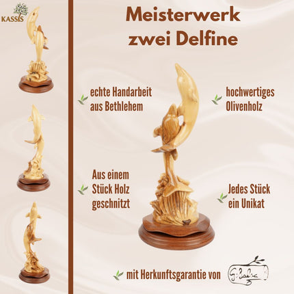 Zwei Delfine aus Olivenholz – Handgeschnitzte Skulptur aus Bethlehem (32 cm)