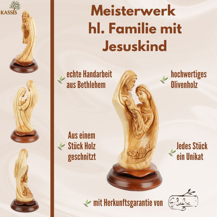 Heilige Familie mit Jesuskind – Handgeschnitzte Olivenholzskulptur aus Bethlehem (28 cm)