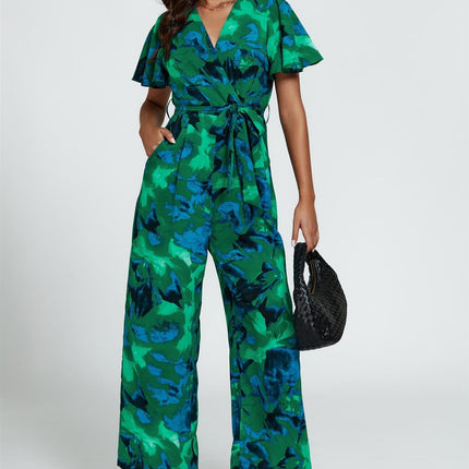 Abstract Print Wrap Top Jumpsuit In Green