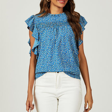 Floral Print Frill Hem Short Sleeve Blouse Top In Blue