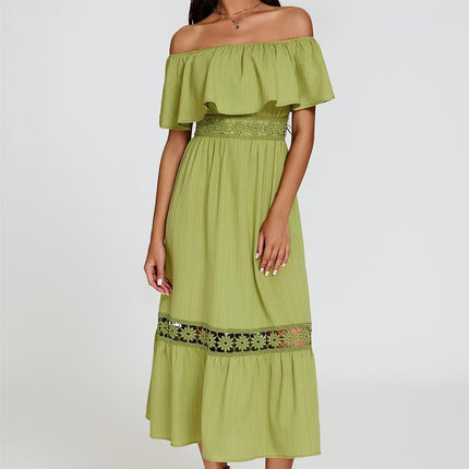 Lace Detail Bardot Maxi Dress In Green
