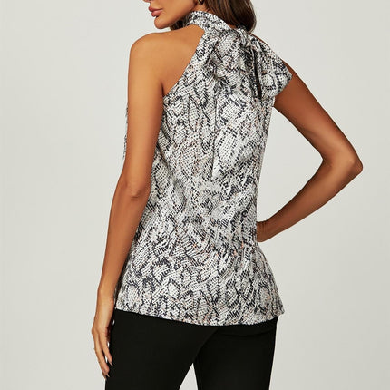 Satin Snake Print Halter Neck Tie Back Top In Silver Grey