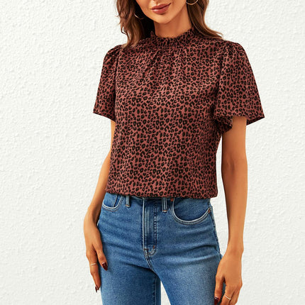 Leopard Print Angel Sleeve High Neck Top/Blouse In Rusty