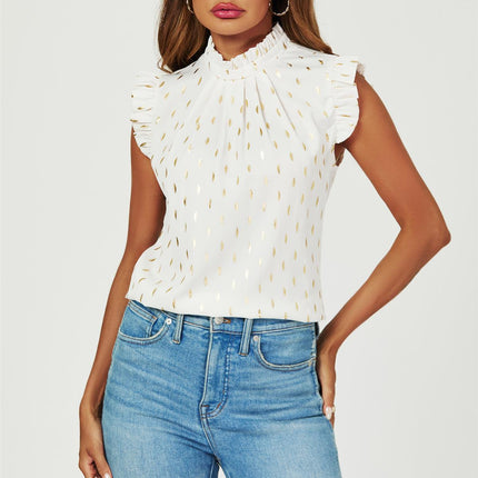 Gold Foil Frill Trim Sleeve High Neck Blouse Top In Cream