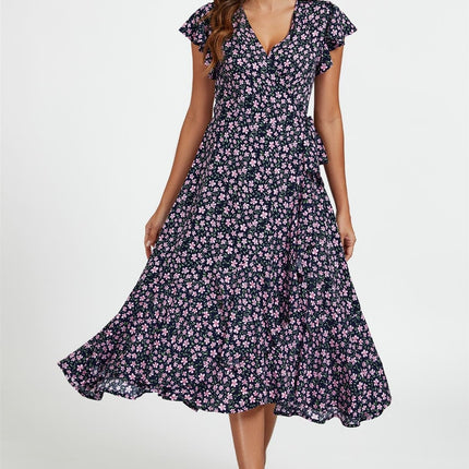 Floral Frill Sleeve Midi Wrap Dress In Navy
