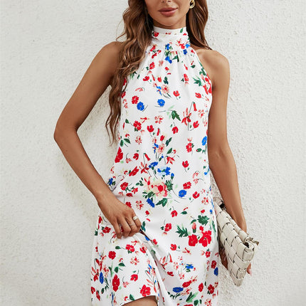 Floral Print Halter Neck Tie Back Mini Dress In White