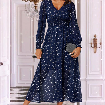 Silver Star Foil Long Sleeve Maxi Dress In Navy