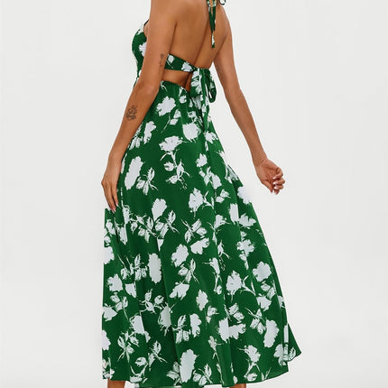 Floral Print Tie Halterneck Back Detail Maxi Dress In Green