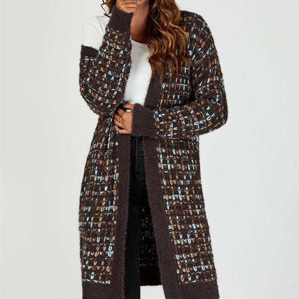 Boucle Check Cardigan In Brown With Multicolour Speckles