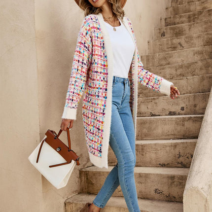 Cream Boucle Check Cardigan In Rainbow Multicolour Speckles