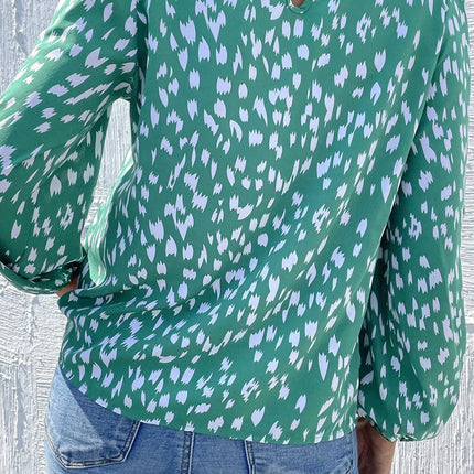 Animal Print Frill Detail High Neck Top In Green