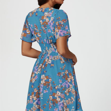 Floral Print Short Sleeve Mini Dress In Blue