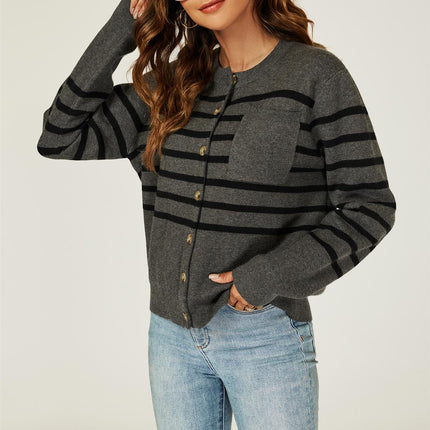Pocket Stripe Knitted Cardigan In Dark Grey