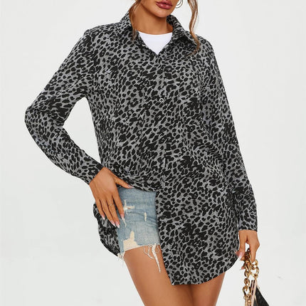 Leopard Print Tunic Shirt In Grey Blue