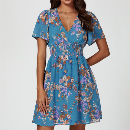 Floral Print Short Sleeve Mini Dress In Blue