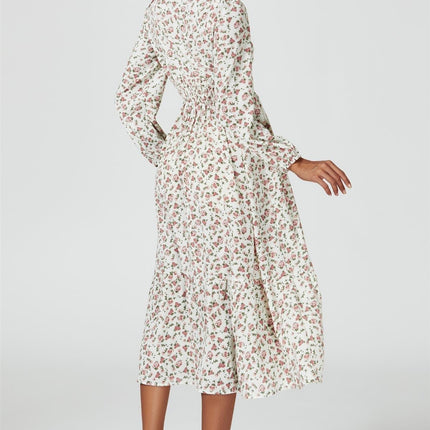 Floral Print Long Sleeve Midi Dress In White