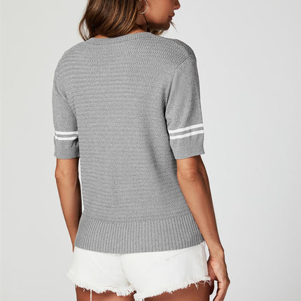 Striped Detail Knitted T-Shirt with Crew Neck In Grey