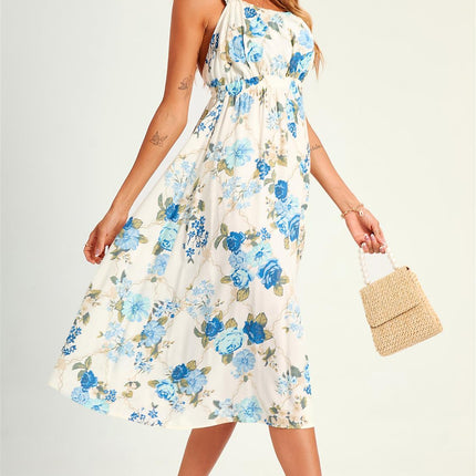 Pretty Flora Print Cross Back Midi Dress In White