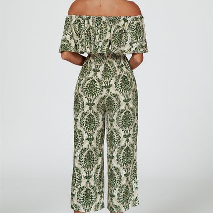 Off The Shoulder Print Frill Jumpsuit In Green