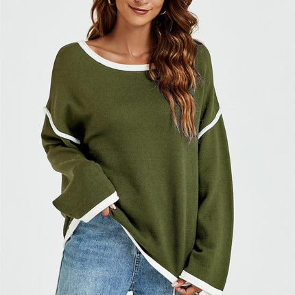 White Striped Oversized Jumper Top In Khaki Green