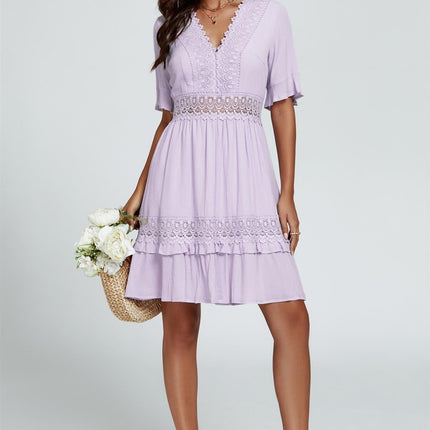 V Neck Lace Mini Dress In Purple