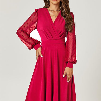 Long Chiffon Sleeve Pleated Midi Dress In Wine