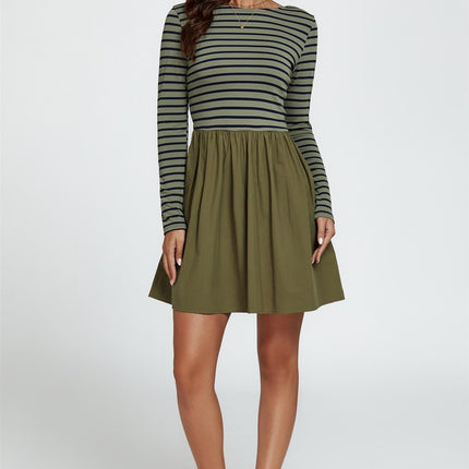 Long Sleeve Stripe Mini Dress In Olive