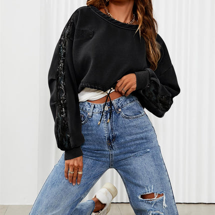 Oversized Sequin Detail Cropped Sweatshirt In Black