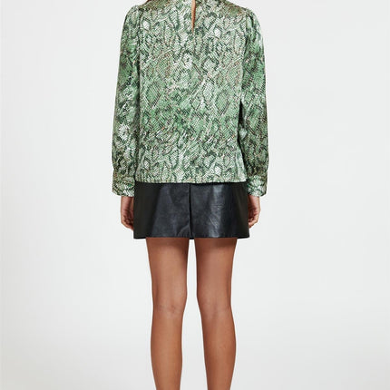 Animal Print Satin Long Sleeve High Neck Top In Green