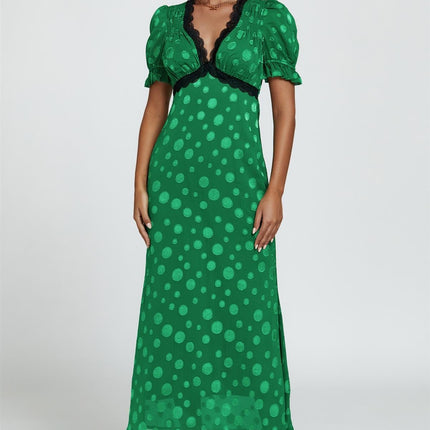 Polka Dot Jacquard Lace Trim Midi Dress In Green