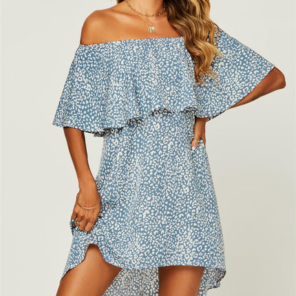 Leopard Print Bardot Frill Off Shoulder Mini Dress In Blue