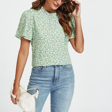 Little Floral Print Angle Sleeve High Neck Top/Blouse In Green