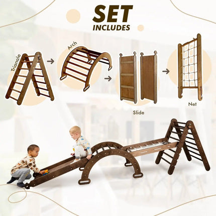 5in1 Montessori Klettergerüst Set: Kletterdreieck + Kletterbogen mit Kissen + Kletternetz und Rutsche für Kinder 1-7 Jahre – Schokolade