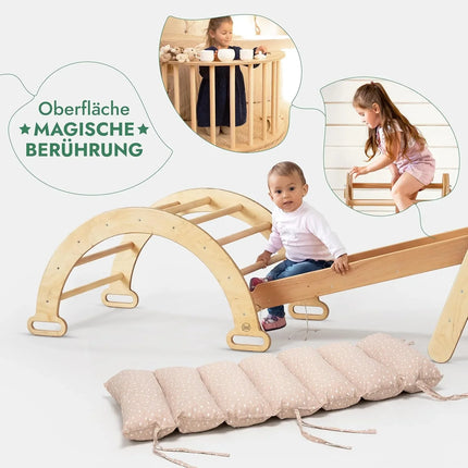 5in1 Montessori Klettergerüst Set: Kletterdreieck mit Rutsche, Kletterbogen, Kletternetz und Kissen, für Kinder 1-7 Jahre – Beige