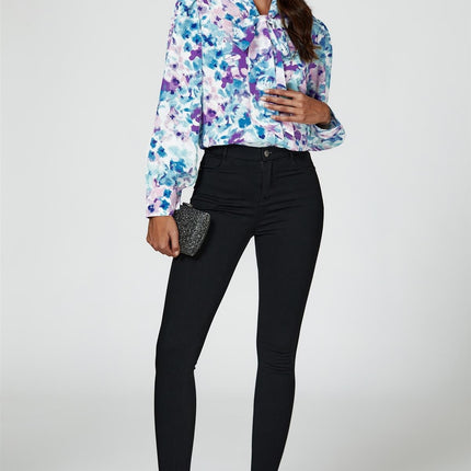 Abstract Floral Print Tie Detail long sleeve Blouse Top In Blue