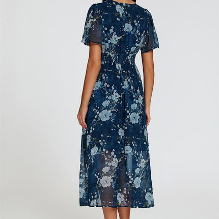 Floral Print Midi V neckline Dress In Navy
