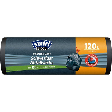 Swirl Schwerlast-Säcke Profi mit Zugband 120 l Reißfest & Dicht | Rolle (12 Beutel)