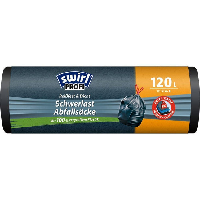 Swirl Schwerlast-Säcke Profi mit Zugband 120 l Reißfest & Dicht | Rolle (12 Beutel)