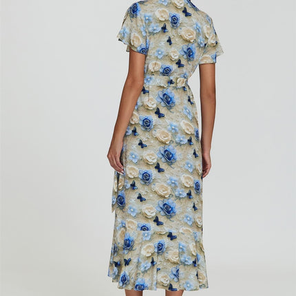 Floral Print Wrap Hem Midi Dress In Beige