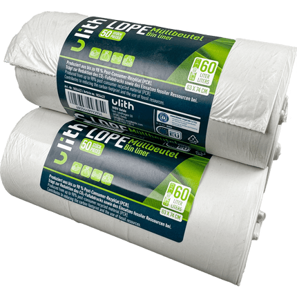 SEO. 60L LDPE Müllbeutel - 10 my - 98% PCR - Blauer Engel - Made in EU - 1 Linkreich