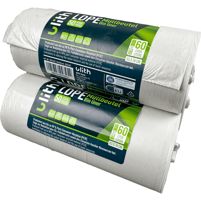 SEO. 60L LDPE Müllbeutel - 10 my - 98% PCR - Blauer Engel - Made in EU - 1 Linkreich
