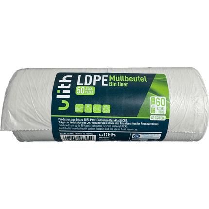 SEO. 60L LDPE Müllbeutel - 10 my - 98% PCR - Blauer Engel - Made in EU - 1 Linkreich