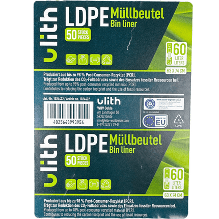 SEO. 60L LDPE Müllbeutel - 10 my - 98% PCR - Blauer Engel - Made in EU - 1 Linkreich