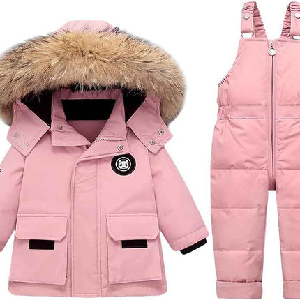 LSHDCER Baby Kleinkind Schneeanzug Jungen Mädchen Winteranzug Skianzug Daunenjacke mit Fellkapuze & Daunenhose Bekleidungsset 2tlg Outfit