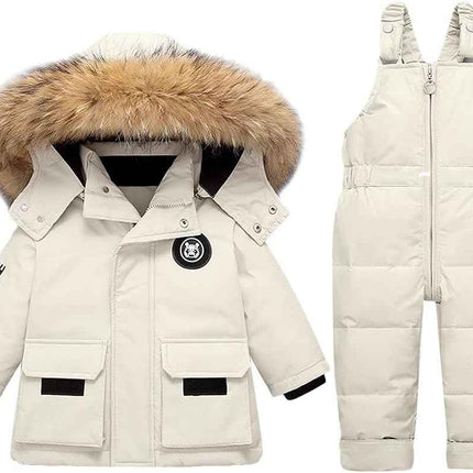 LSHDCER Baby Kleinkind Schneeanzug Jungen Mädchen Winteranzug Skianzug Daunenjacke mit Fellkapuze & Daunenhose Bekleidungsset 2tlg Outfit