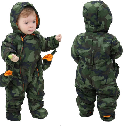 Baby Winter Overall Mit Kapuze Schneeanzüge mit Handschuhen und Füßlinge Mädchen Jungen Warm Kleidungsset