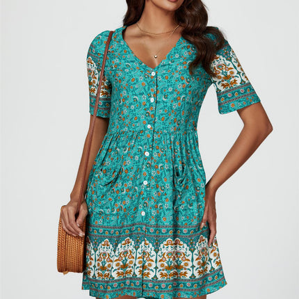 Print Boho Mini Dress In Green