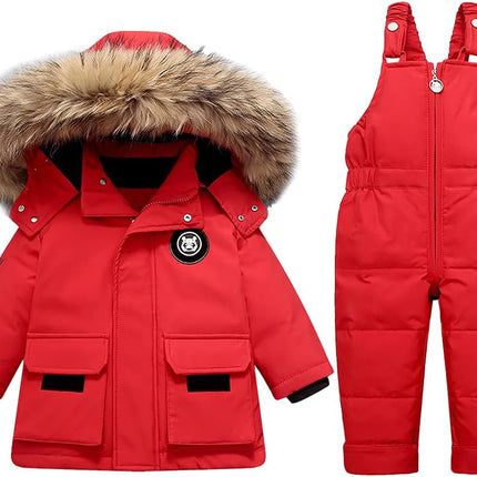 LSHDCER Baby Kleinkind Schneeanzug Jungen Mädchen Winteranzug Skianzug Daunenjacke mit Fellkapuze & Daunenhose Bekleidungsset 2tlg Outfit