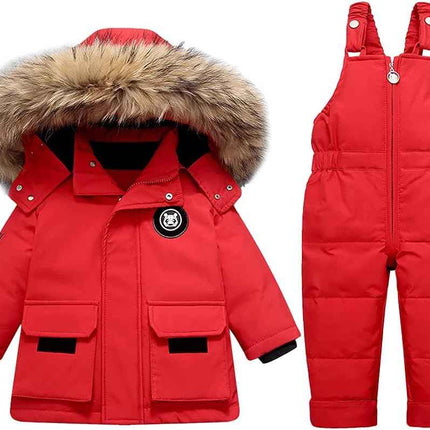 LSHDCER Baby Kleinkind Schneeanzug Jungen Mädchen Winteranzug Skianzug Daunenjacke mit Fellkapuze & Daunenhose Bekleidungsset 2tlg Outfit